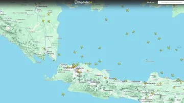 Tampilan aplikasi Flightradar24 yang memantau pergerakan pesawat