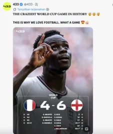 Inggris vs Prancis Hujan Gol, Netizen: Pertandingan Gila